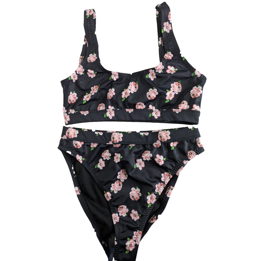 DixPerfect Juniors 2 Piece Bikini Black Pink Rose Medium High Cut Swimwear